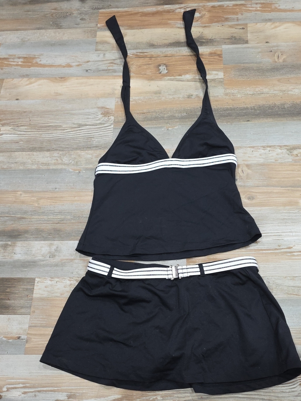 Black Two-Piece Tankini Set with White Stripe Trim
